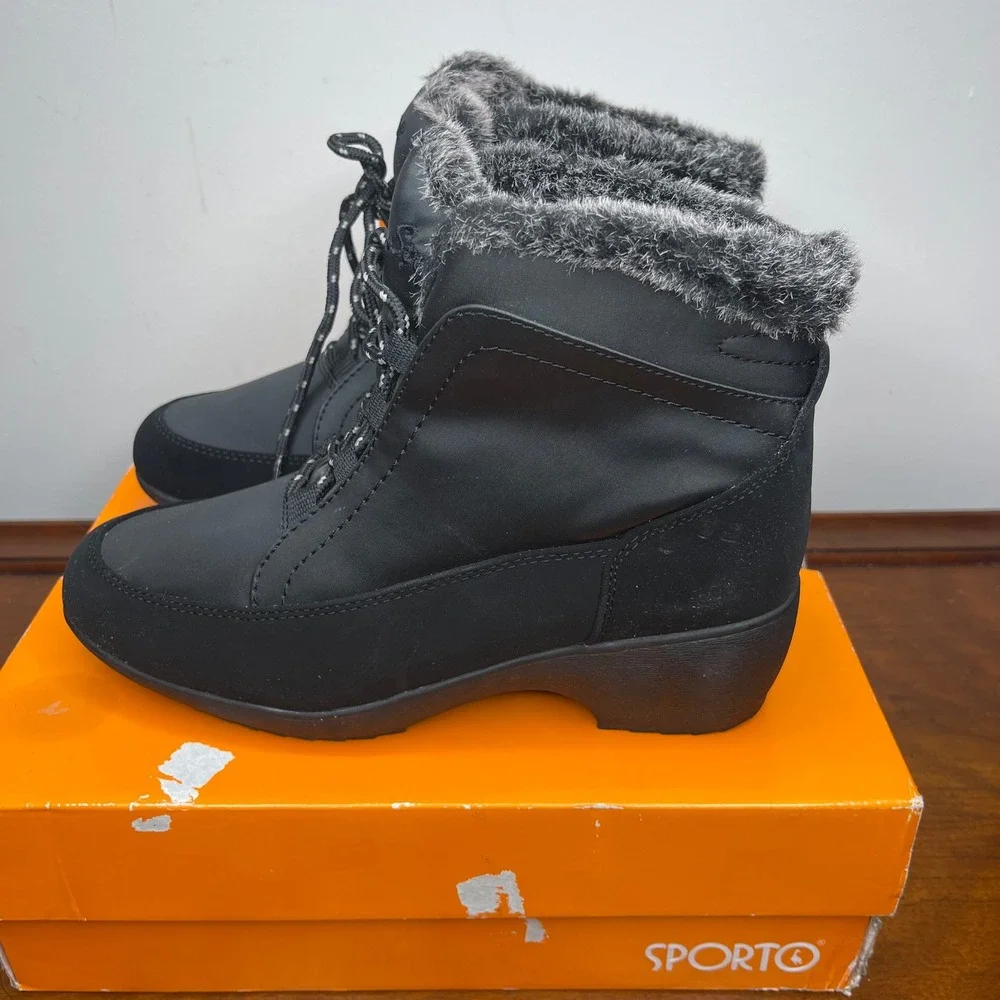 Sporto Lilian Womens Black Lace Up Ankle Boots Faux‎ Fur Trim Size 7M New In Box